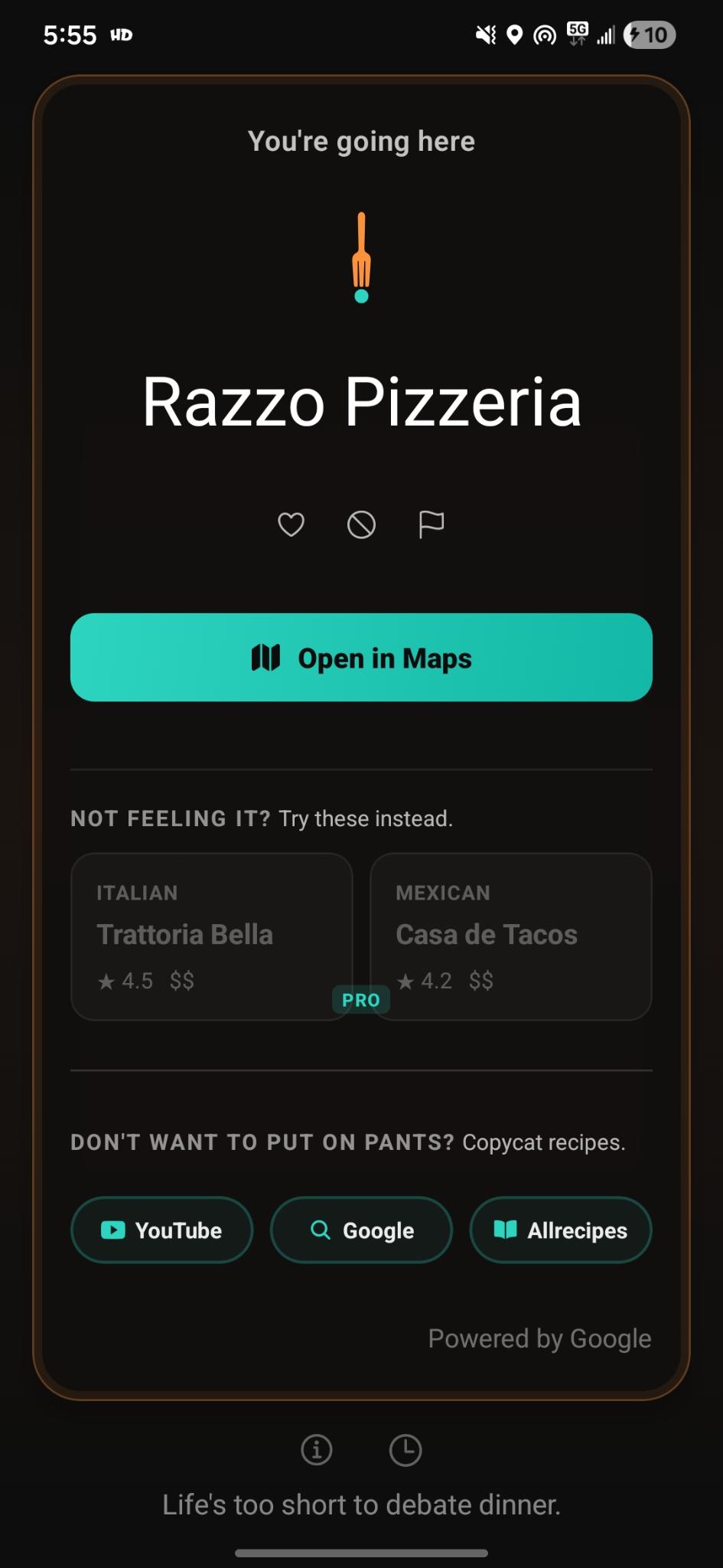 ForkIt result card on the free tier